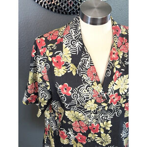 TOMMY BAHAMA Silk Shirt Coral Green White Brown Floral Print Women's L 12/14